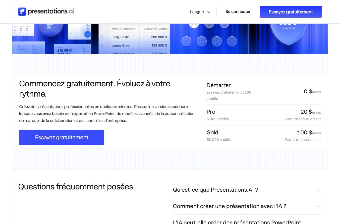 Presentations.AI : offre gratuite de 100 crédits puis plans Pro et Gold