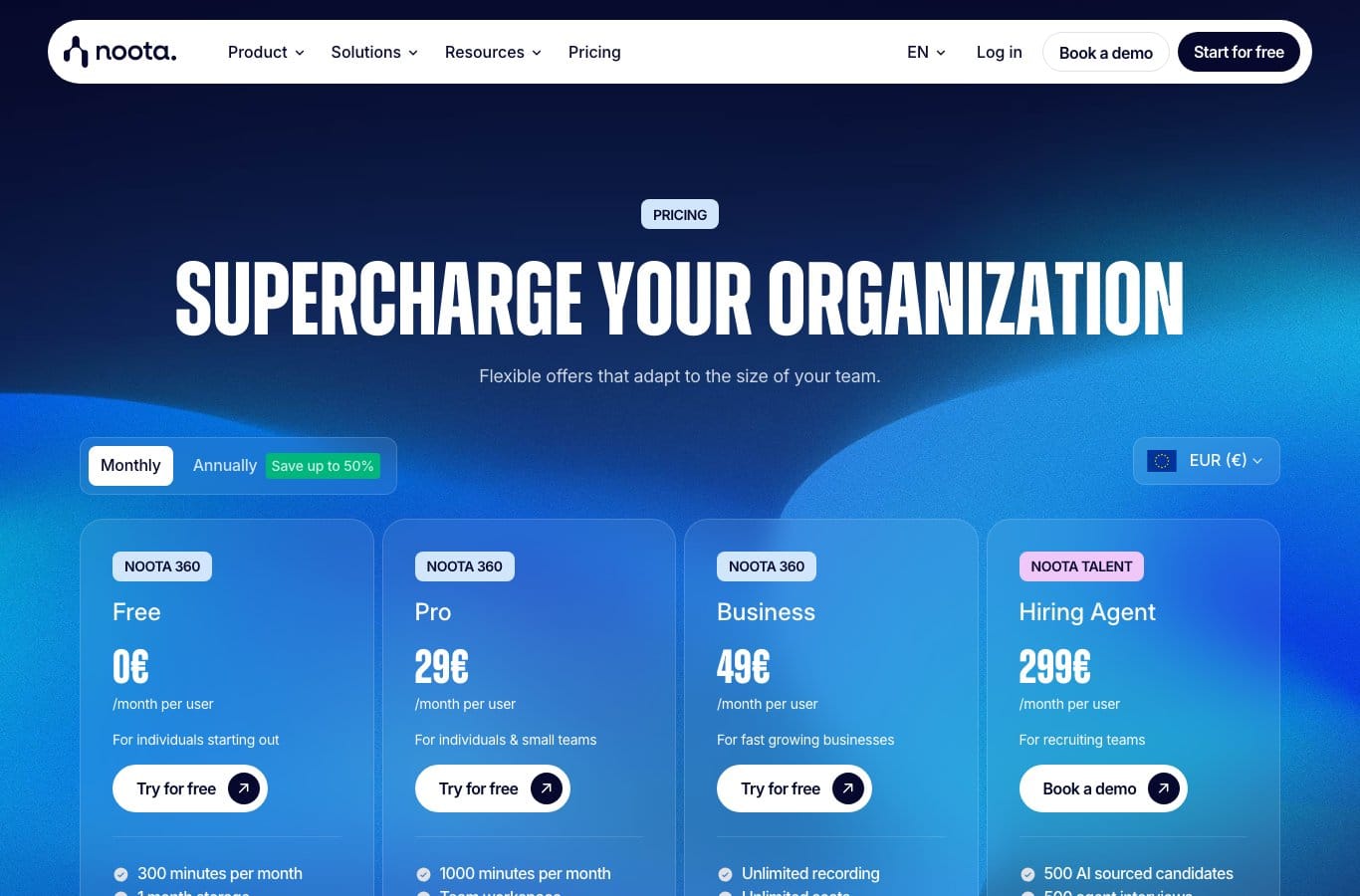 Page tarifaire de Noota : plan gratuit à 0 euro avec 300 minutes par mois