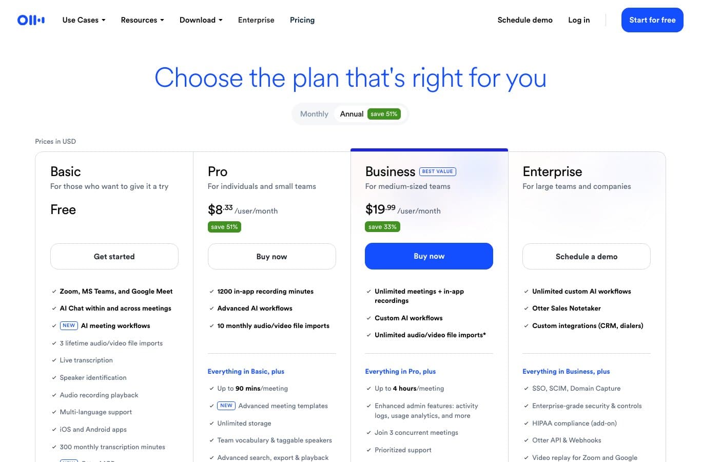 Page tarifaire d'Otter : plan Basic gratuit avec 300 minutes de transcription par mois