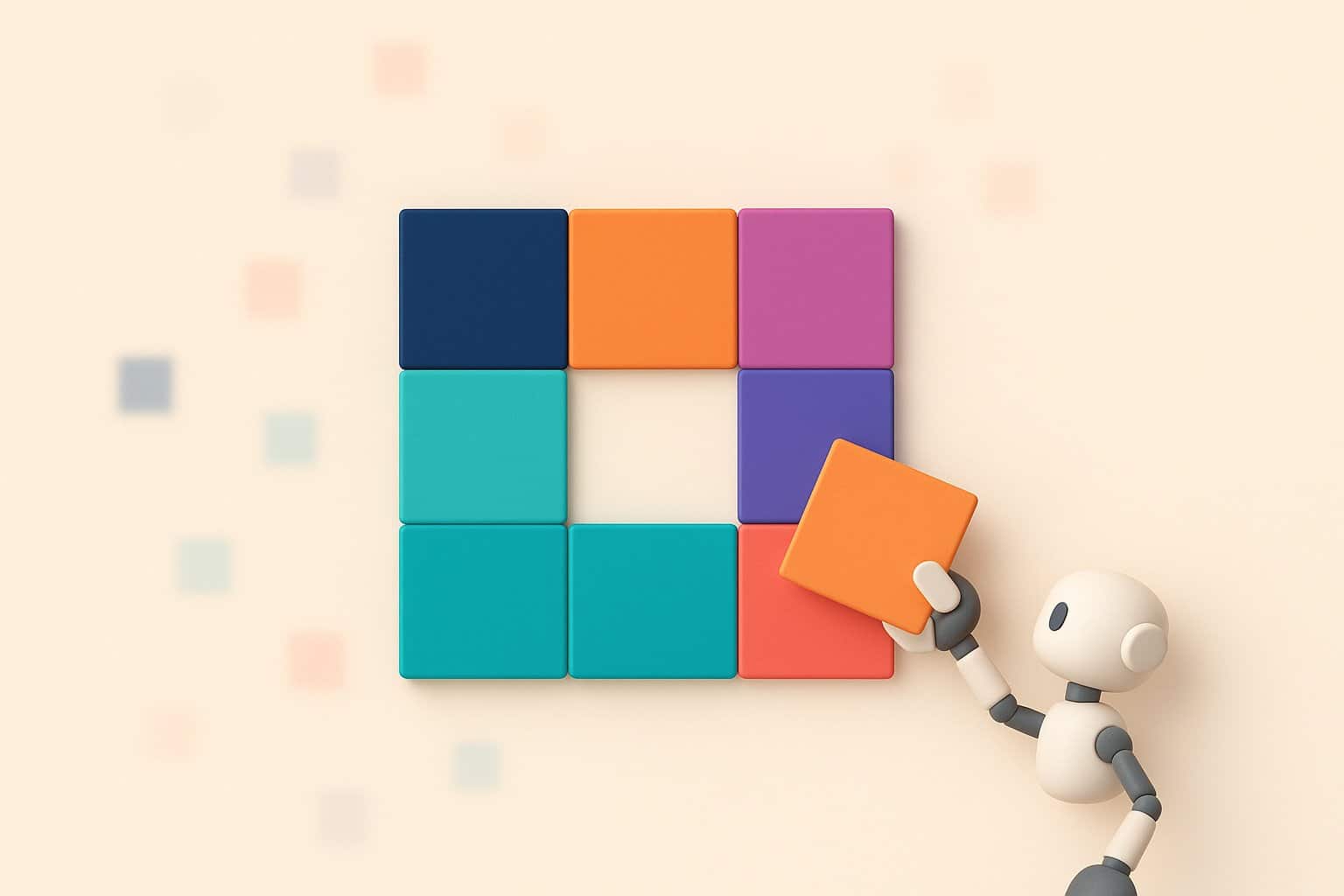 Illustration of a small robot fitting colorful pixel squares together like a puzzle to rebuild a sharp image
