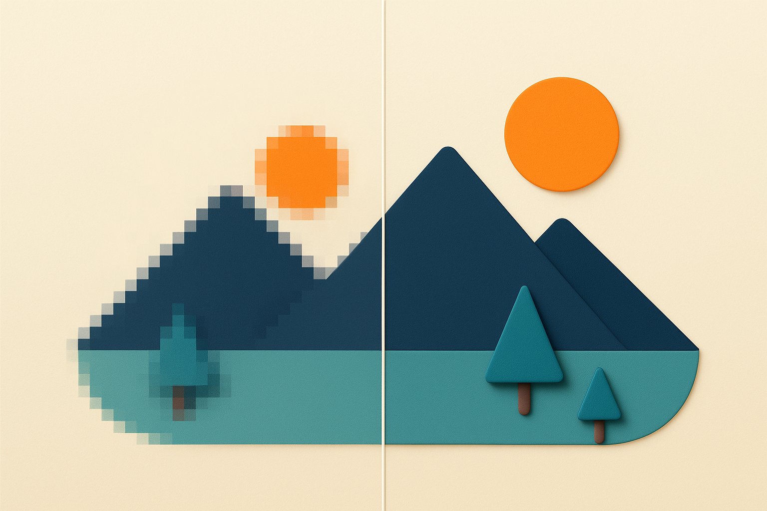 Before and after illustration: on the left a pixelated blurry landscape, on the right the same landscape sharp and detailed after AI enhancement