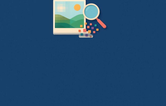 Illustration d'une image dont la qualité est améliorée par l'IA : une photo floue et pixelisée devient nette, avec une loupe et des pixels multicolores sur fond bleu marine