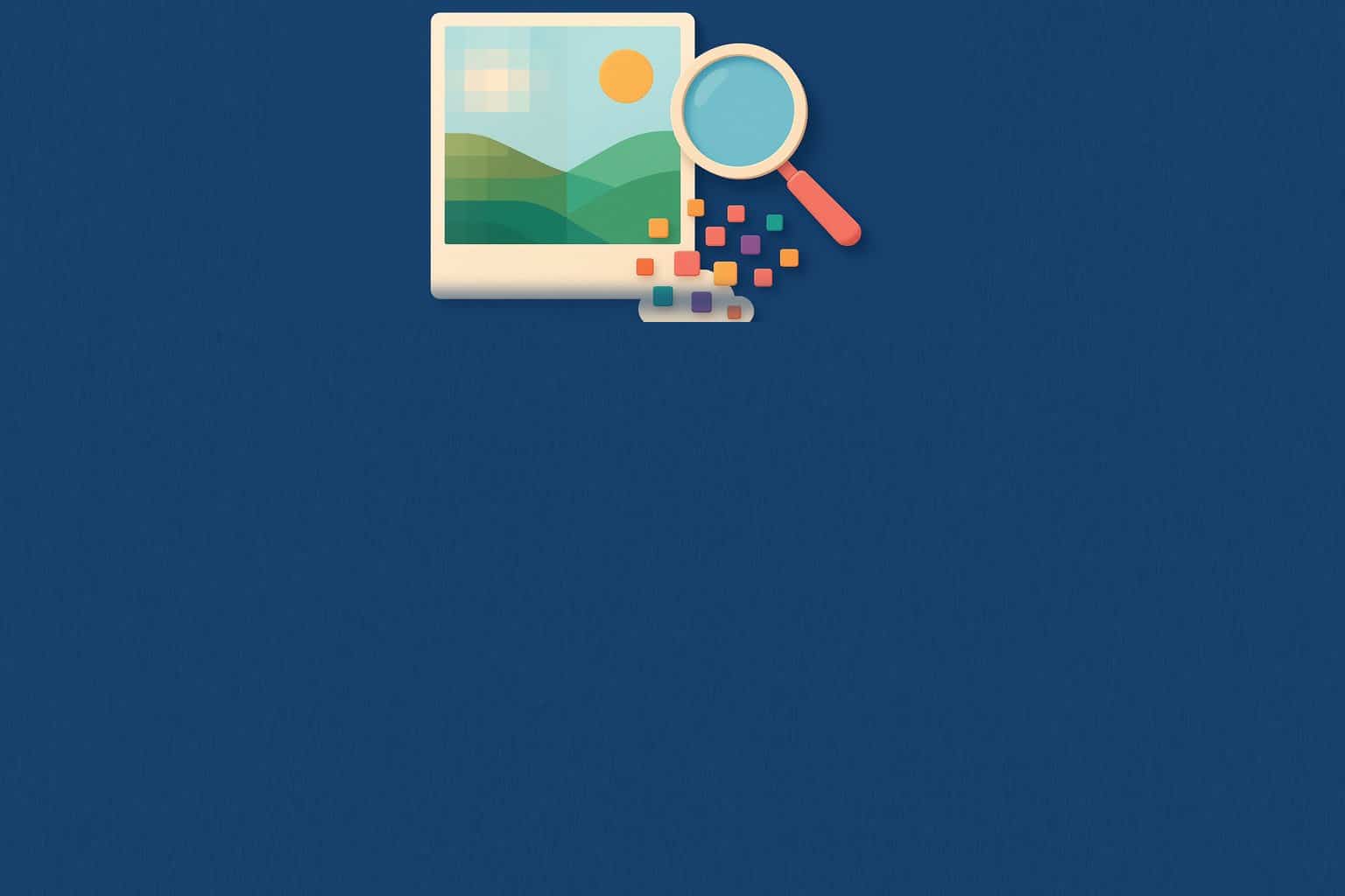 Illustration d'une image dont la qualité est améliorée par l'IA : une photo floue et pixelisée devient nette, avec une loupe et des pixels multicolores sur fond bleu marine