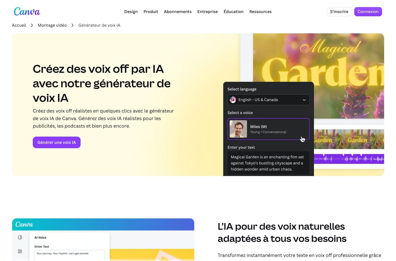 Capture de la page Canva du generateur de voix IA, sans aucun chiffre de quota