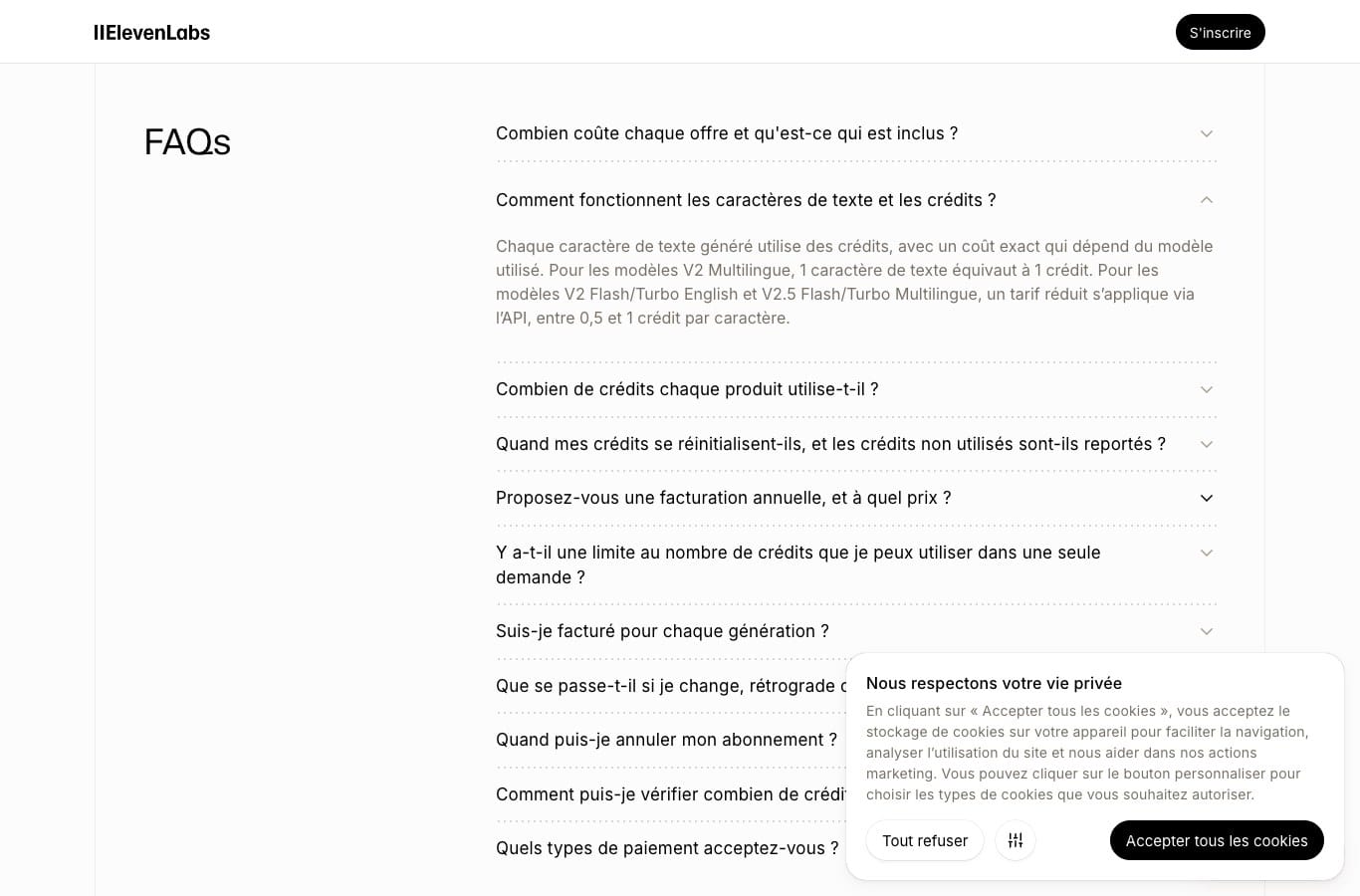 Capture de la FAQ ElevenLabs : un caractere de texte equivaut a un credit sur les modeles V2 Multilingue