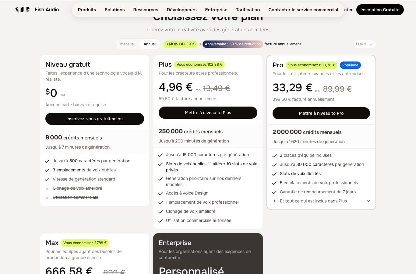 Capture de la grille Fish Audio : niveau gratuit a 8000 credits, 7 minutes, usage commercial barre