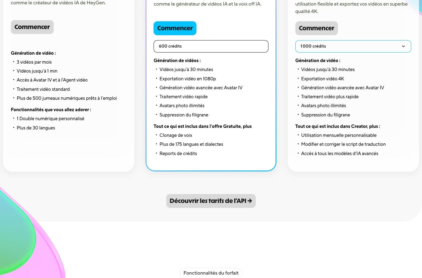 Capture de la grille HeyGen : trois videos d une minute par mois en gratuit, filigrane retire au plan payant