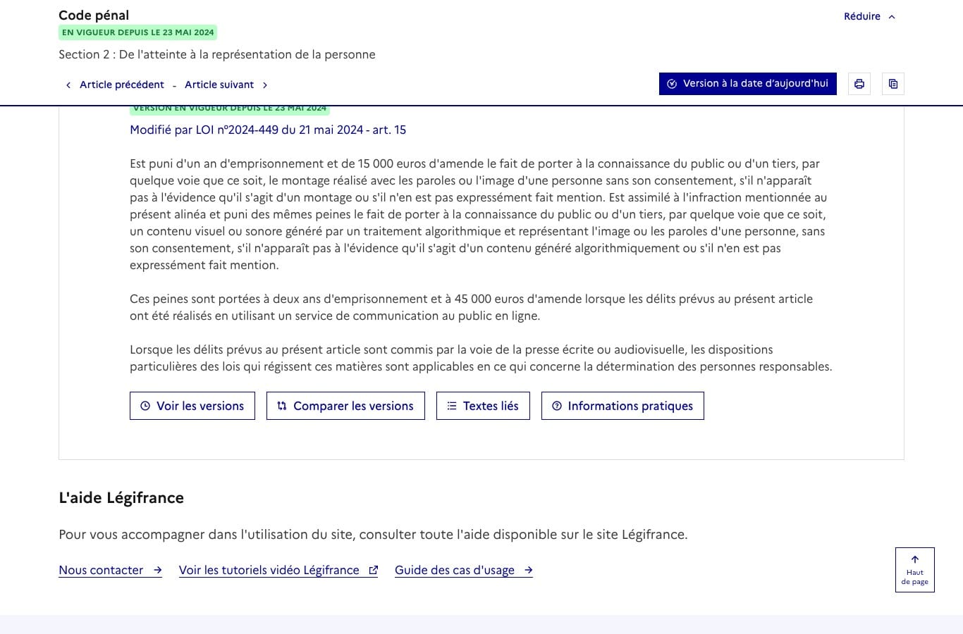 Capture de Legifrance : article 226-8 du code penal, contenu sonore genere par un traitement algorithmique