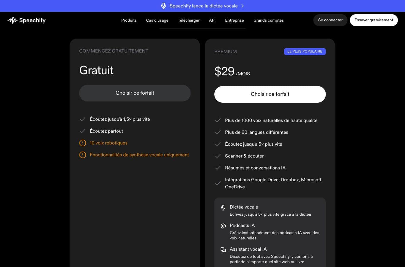 Capture de la grille Speechify : le plan gratuit donne 10 voix robotiques, les voix naturelles sont a 29 dollars par mois