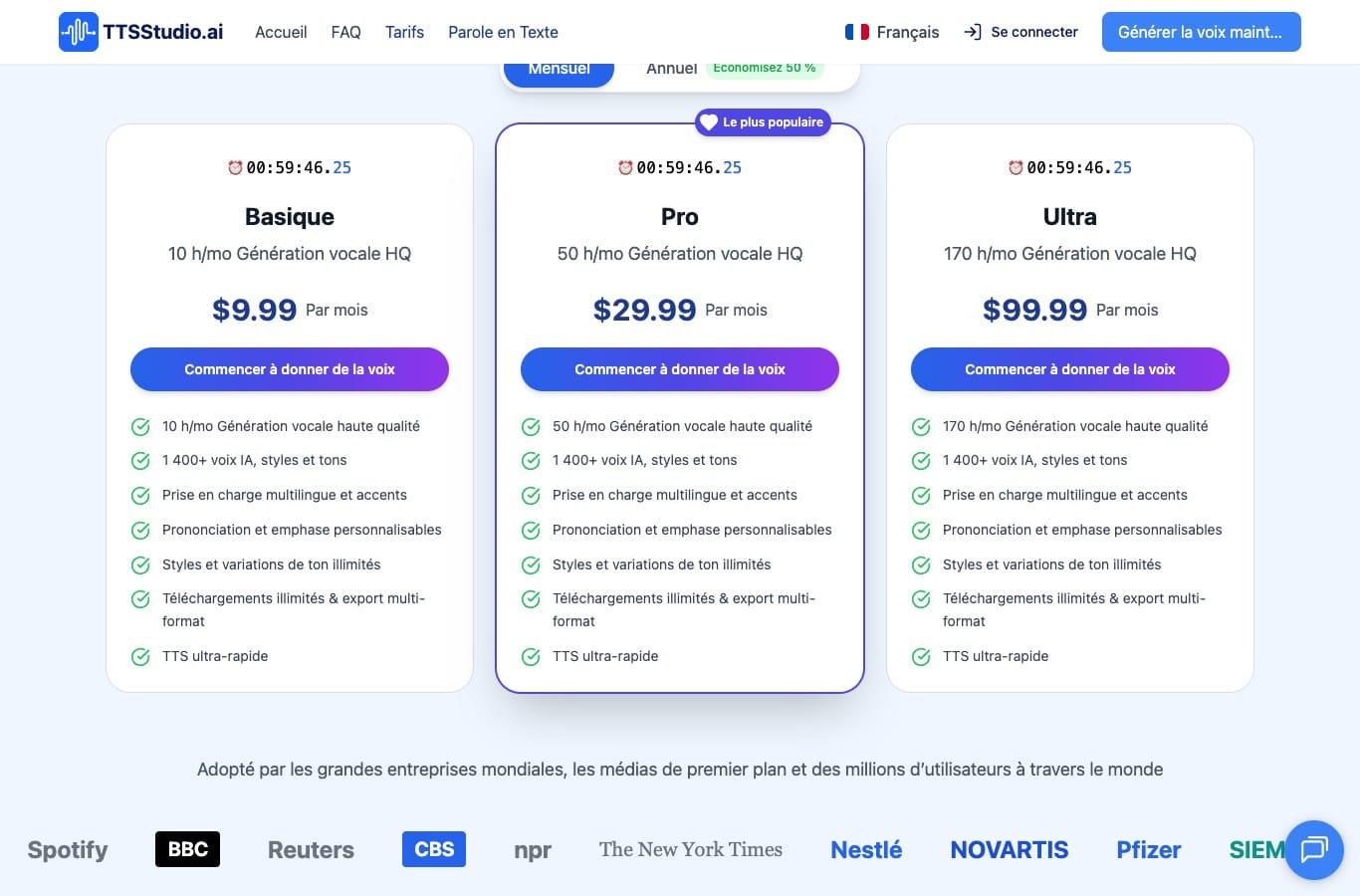 Capture de la grille TTSStudio : trois plans payants comptes en heures par mois, aucun plan gratuit