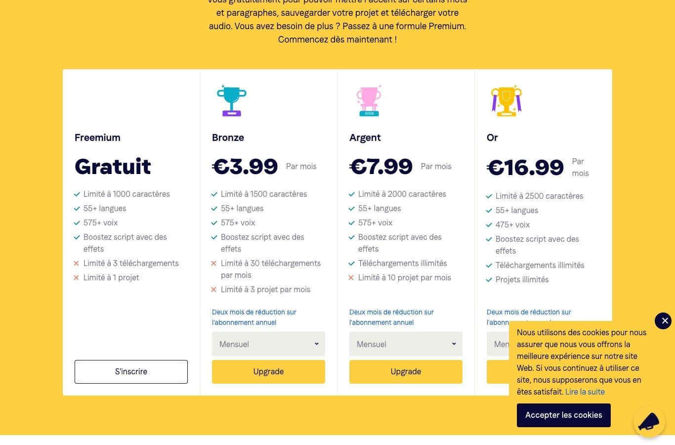 Capture de la grille Voicebooking : le plan Freemium est limite a 1000 caracteres, 3 telechargements et 1 projet
