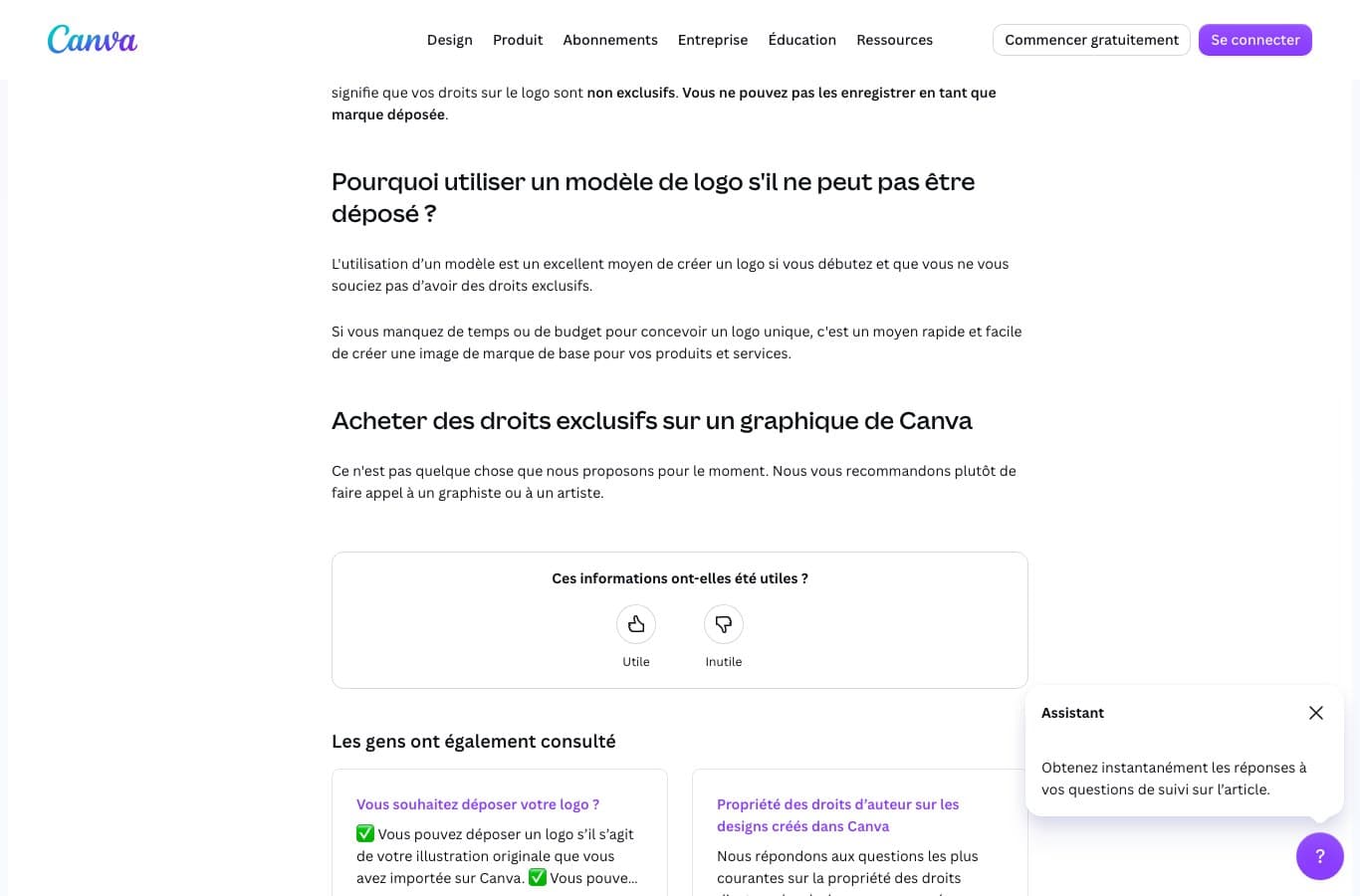 Centre d'aide de Canva indiquant qu'un logo issu d'un modèle ne peut pas être enregistré en marque déposée