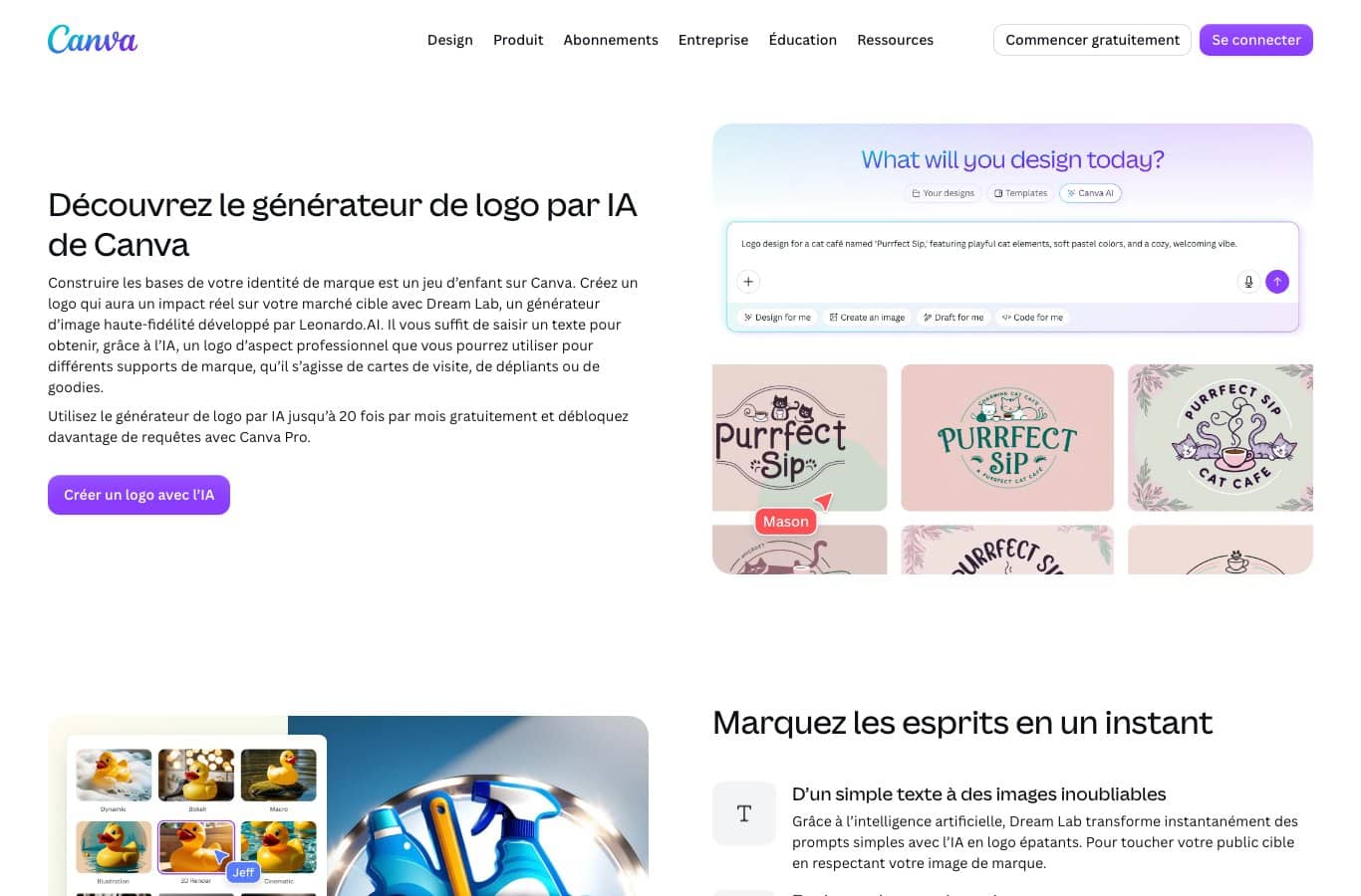 Page du générateur de logo par IA de Canva annonçant 20 utilisations gratuites par mois