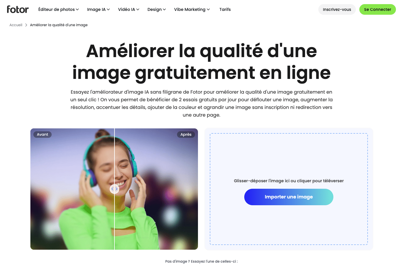 Page Fotor en français : améliorateur d'image IA avec la mention 2 essais gratuits par jour pour déflouter et agrandir sans inscription