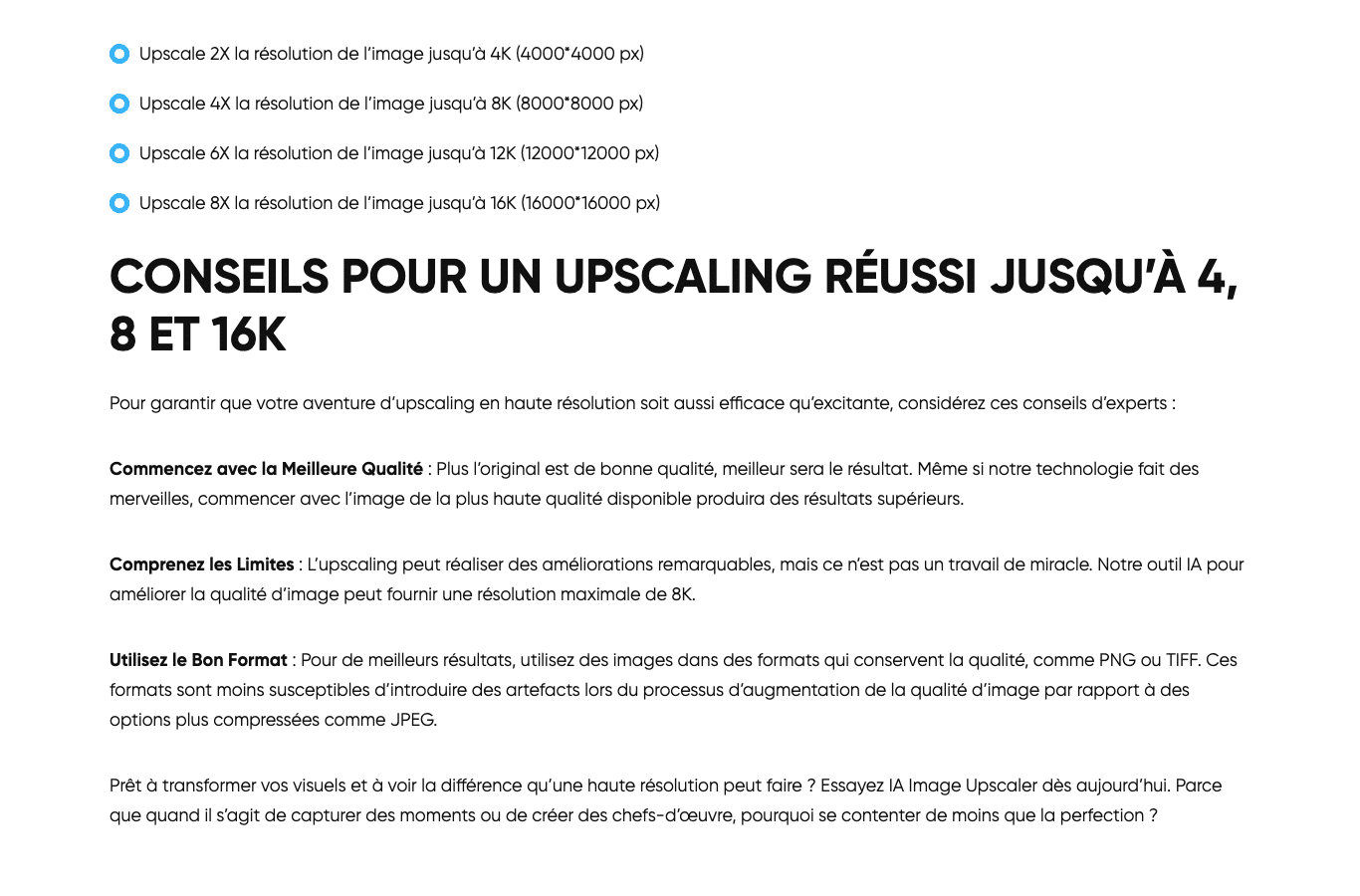 Page Image Upscaler en français : facteurs d'agrandissement de 2x à 8x, conseils et avertissement que l'upscaling n'est pas un travail de miracle
