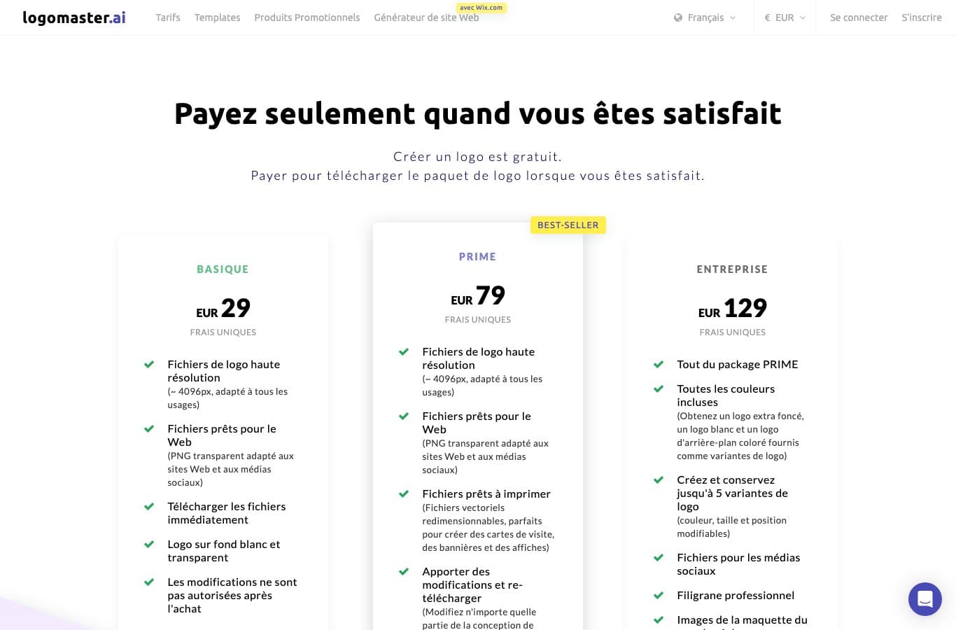 Grille tarifaire de Logomaster.ai avec les forfaits Basique, Prime et Entreprise