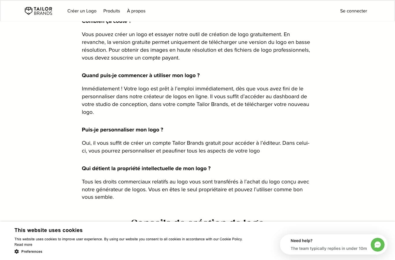 FAQ de Tailor Brands précisant que la version gratuite ne permet qu'un téléchargement en basse résolution