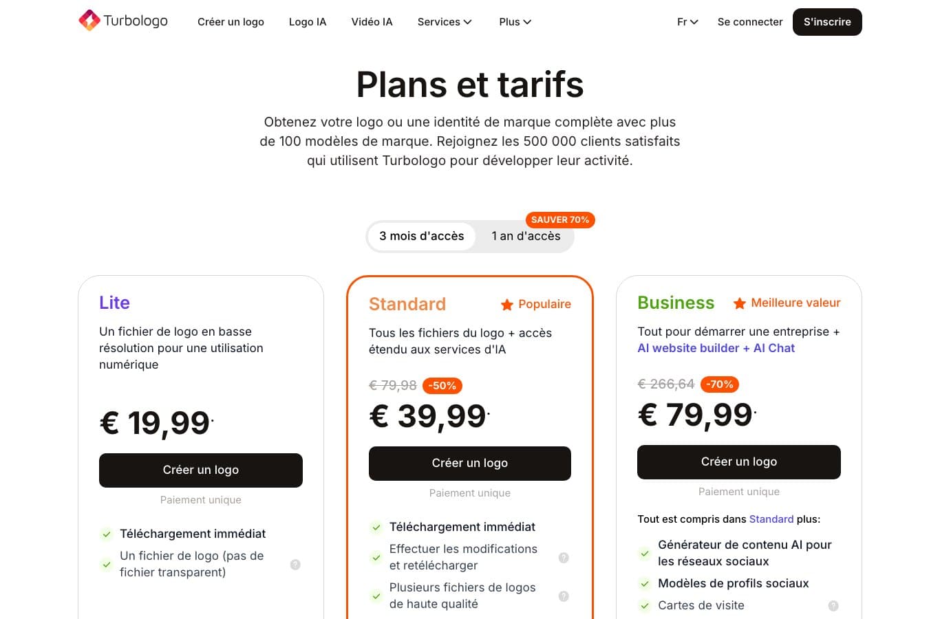 Grille tarifaire de Turbologo avec les forfaits Lite, Standard et Business