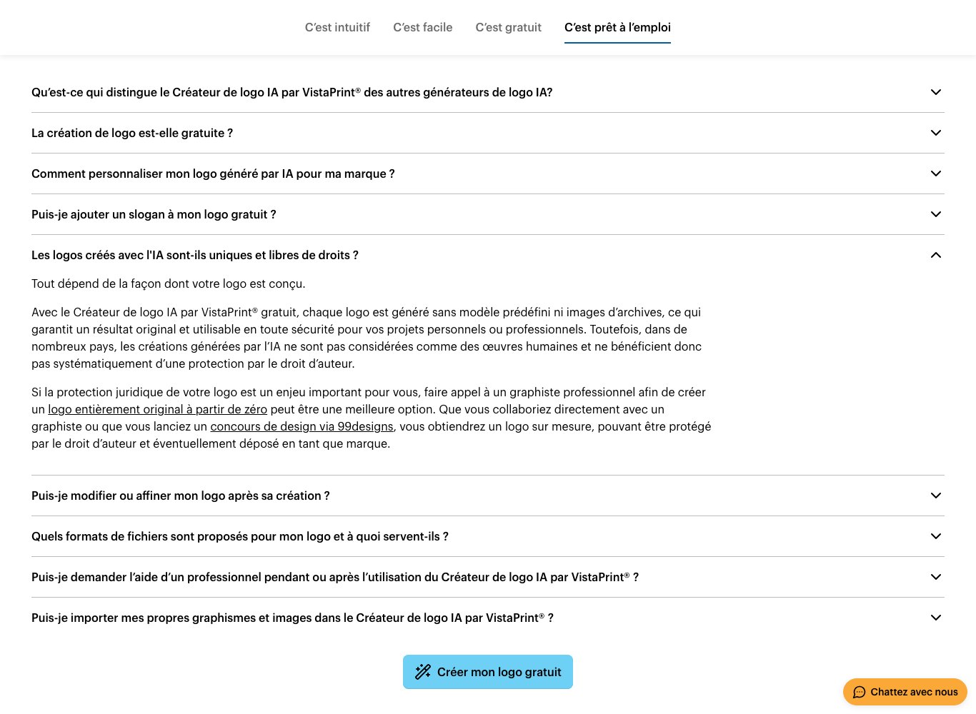 FAQ de VistaPrint expliquant que les créations générées par IA ne bénéficient pas systématiquement de la protection par le droit d'auteur
