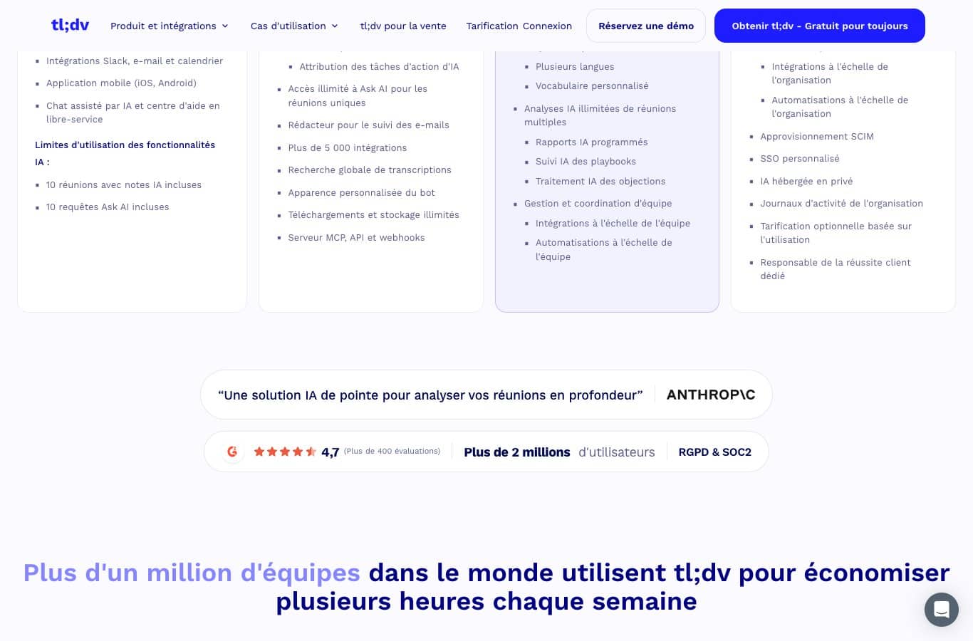 Page tarifaire de tl;dv en français : plan gratuit à 0 euro avec limites sur les notes IA