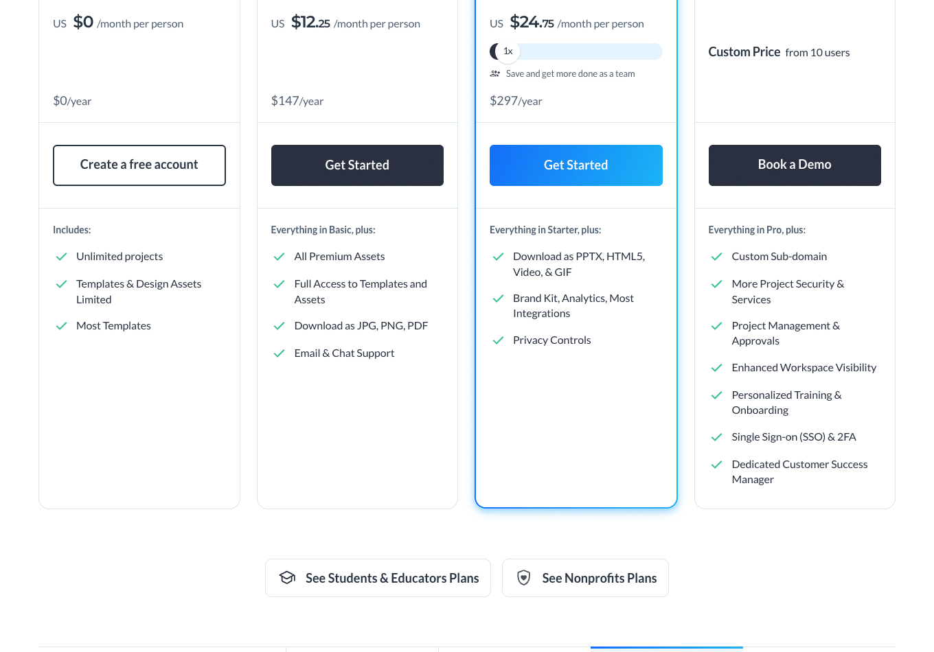 Screenshot of the Visme pricing grid : Basic free, Starter 12.25 dollars, Pro 24.75 dollars, JPG PNG PDF download on the Starter plan