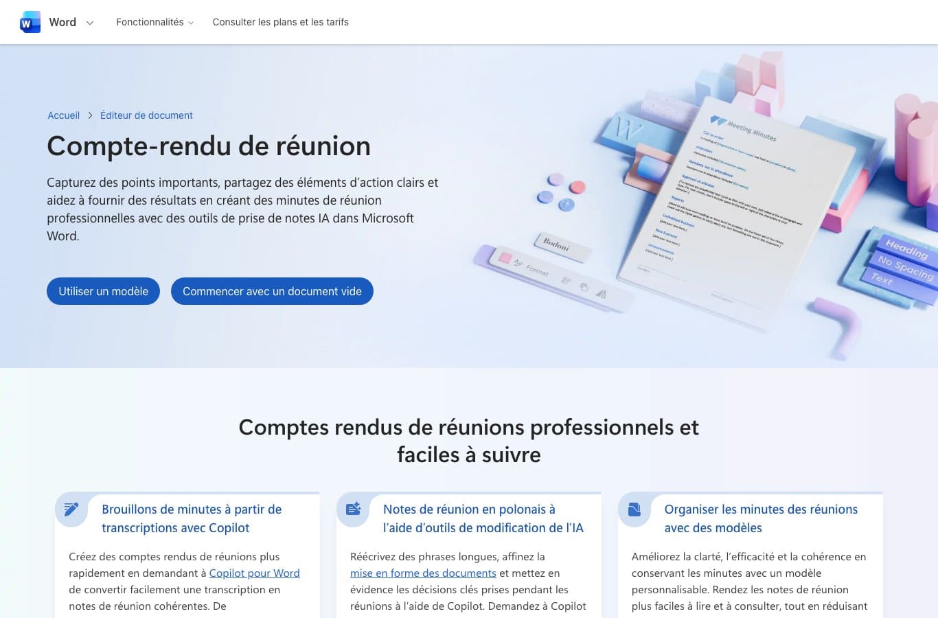 Page officielle de Microsoft Word : outil gratuit de création de compte rendu de réunion