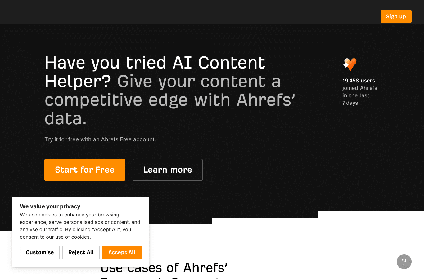 Ahrefs screenshot: the generation area invites you to try it for free with an Ahrefs Free account, next to a Start for Free button