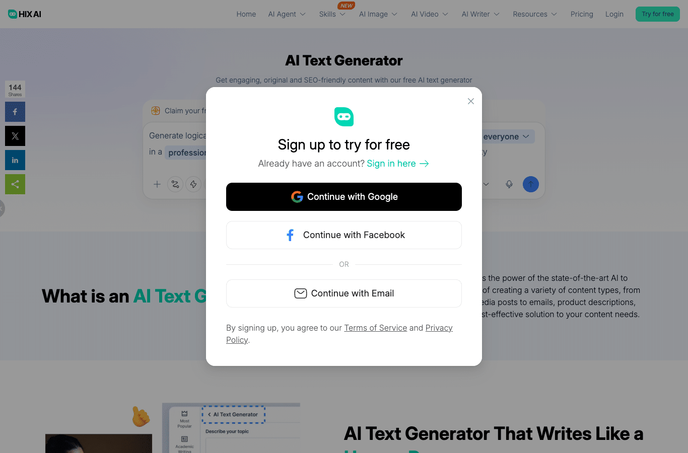 HIX screenshot: the sign-up window Sign up to try for free with Continue with Google, Continue with Facebook and Continue with Email
