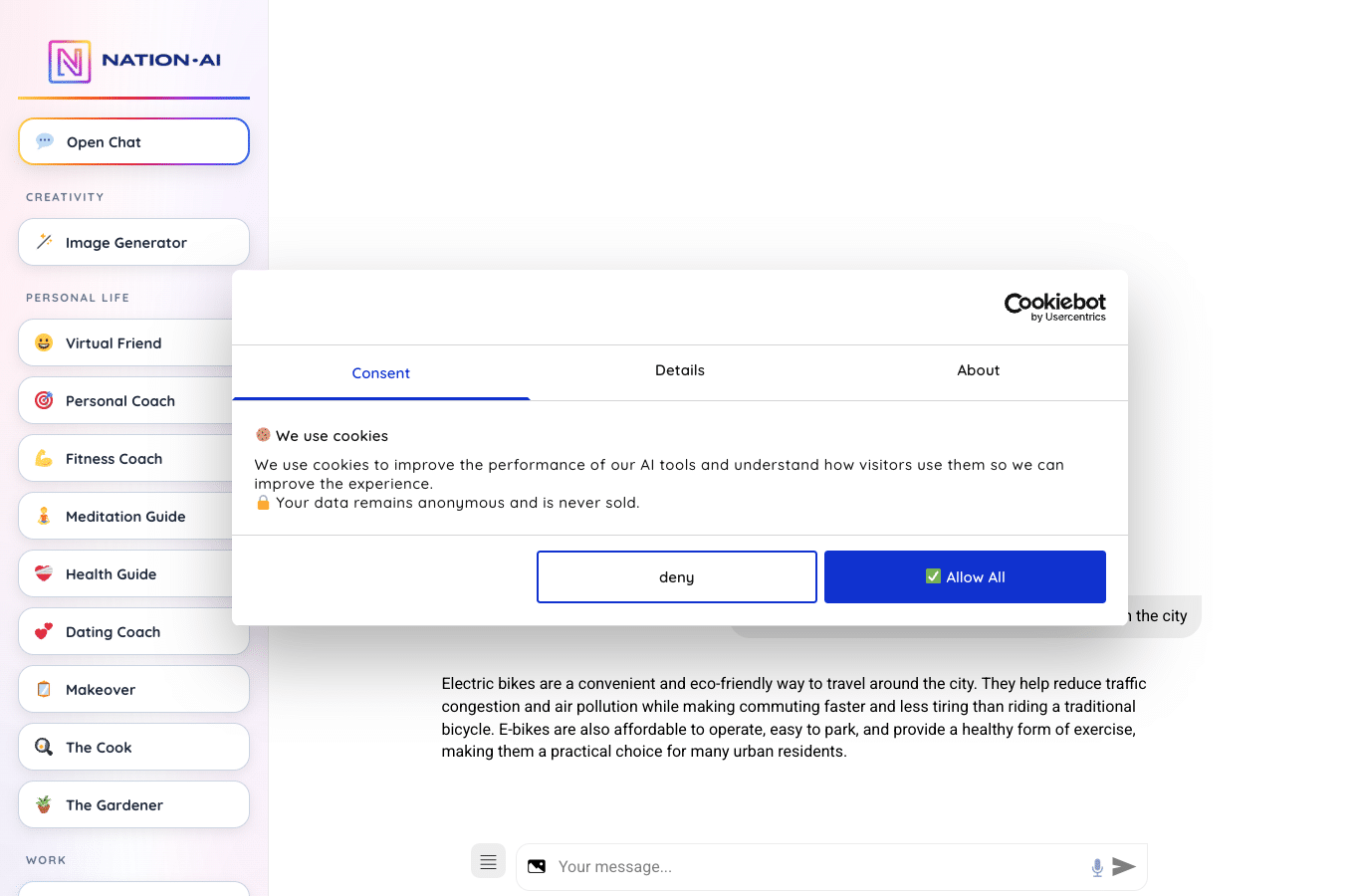 Nation AI chat screenshot: the prompt about electric bikes in the city and the generated answer visible in the conversation, with no account created