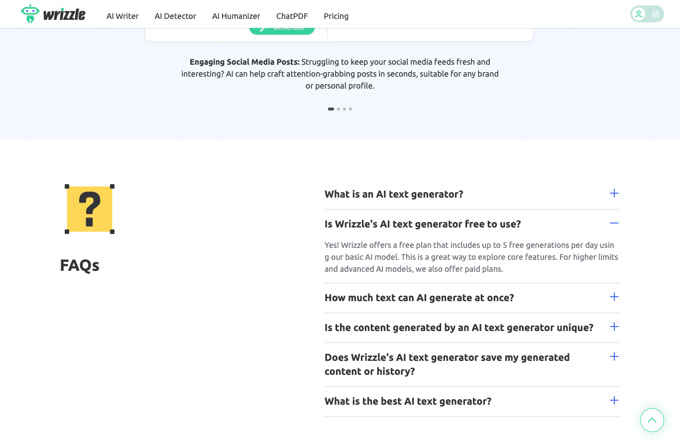 Wrizzle FAQ screenshot: the open entry Is Wrizzle's AI text generator free to use and its official answer about up to 5 free generations per day
