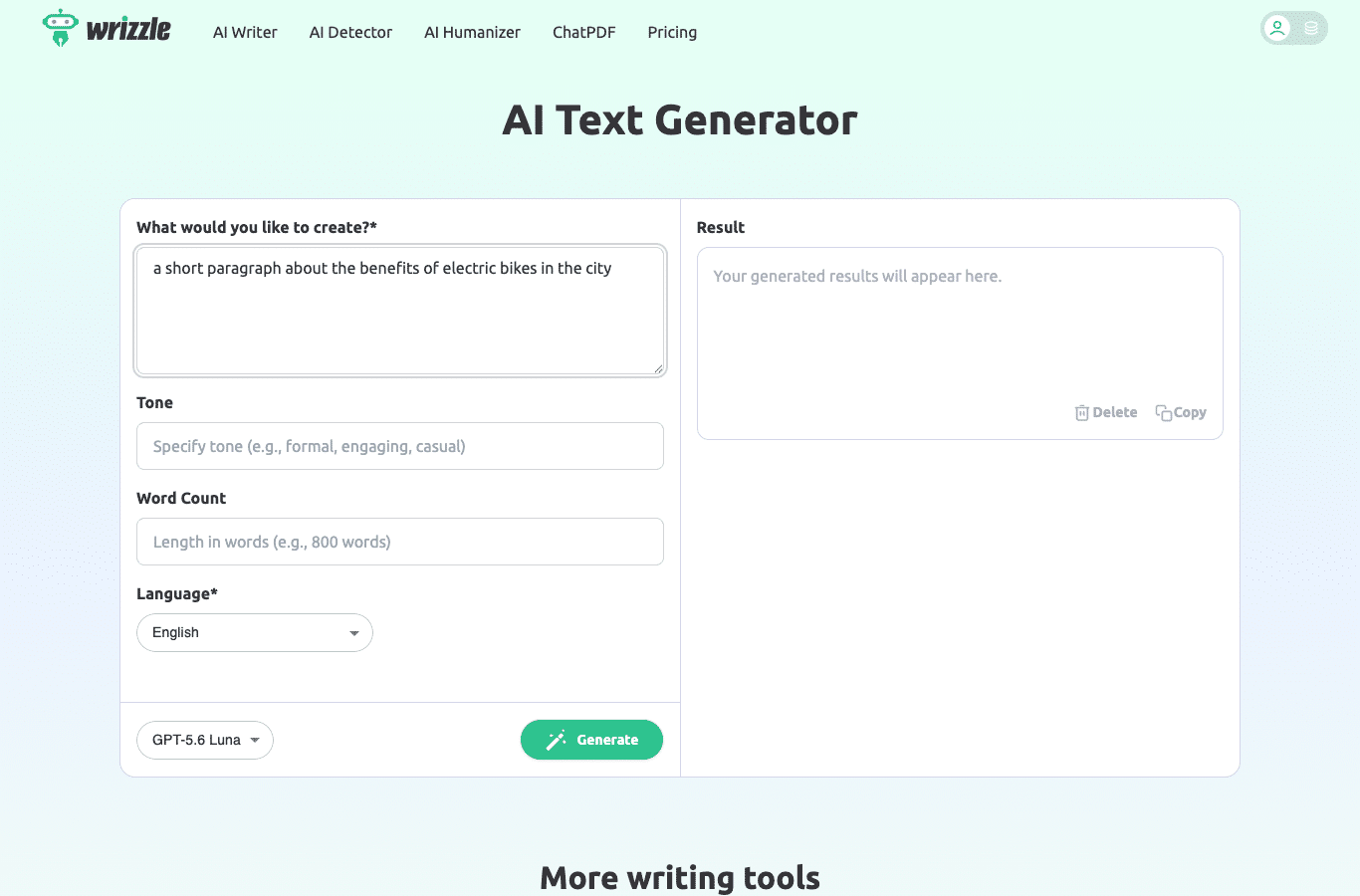 Wrizzle screenshot: a window titled Create a free account with Continue with Google and Continue with Facebook buttons settles over the result area