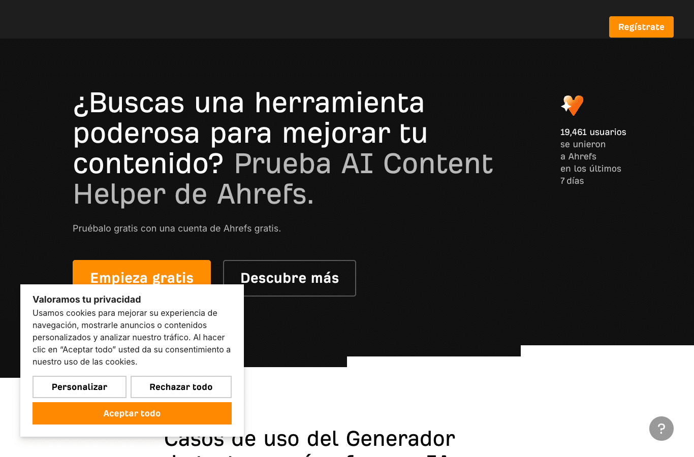 Captura de Ahrefs: la zona de generación propone « Pruébalo gratis con una cuenta de Ahrefs gratis. »