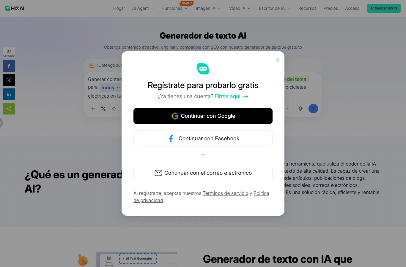 Captura de HIX: ventana de registro Regístrate para probarlo gratis con Google, Facebook o correo electrónico