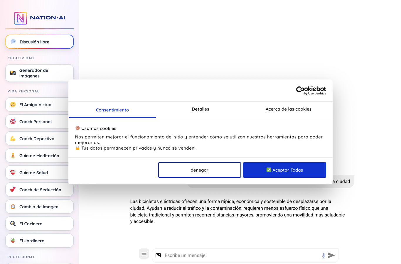 Captura del chat de Nation AI: la consigna y la respuesta generada visibles en la conversación, sin cuenta creada