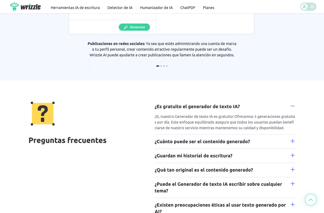 Captura de la FAQ de Wrizzle: respuesta oficial que indica cinco generaciones gratuitas por día
