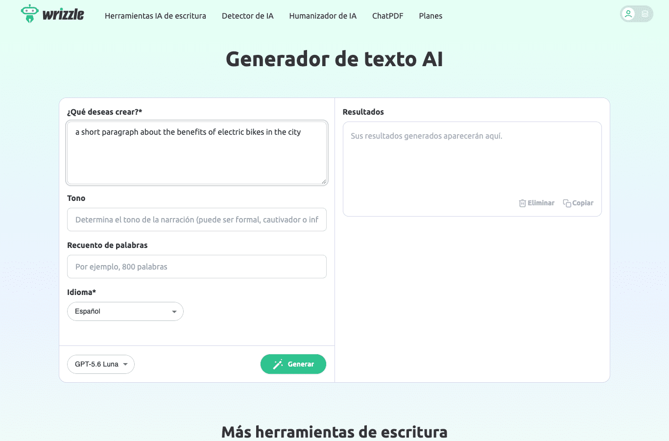 Captura de Wrizzle: un párrafo generado aparece en la zona de resultados, cubierto por una pantalla de inicio de sesión con Google y Facebook