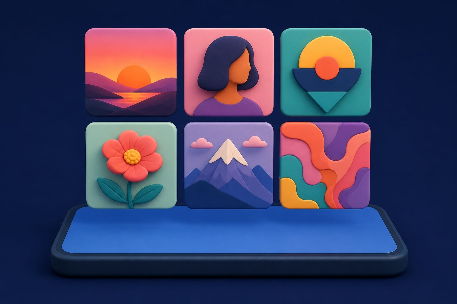 A smartphone projecting a grid of six images in different styles: landscape, portrait, logo, flower, mountain and abstract pattern