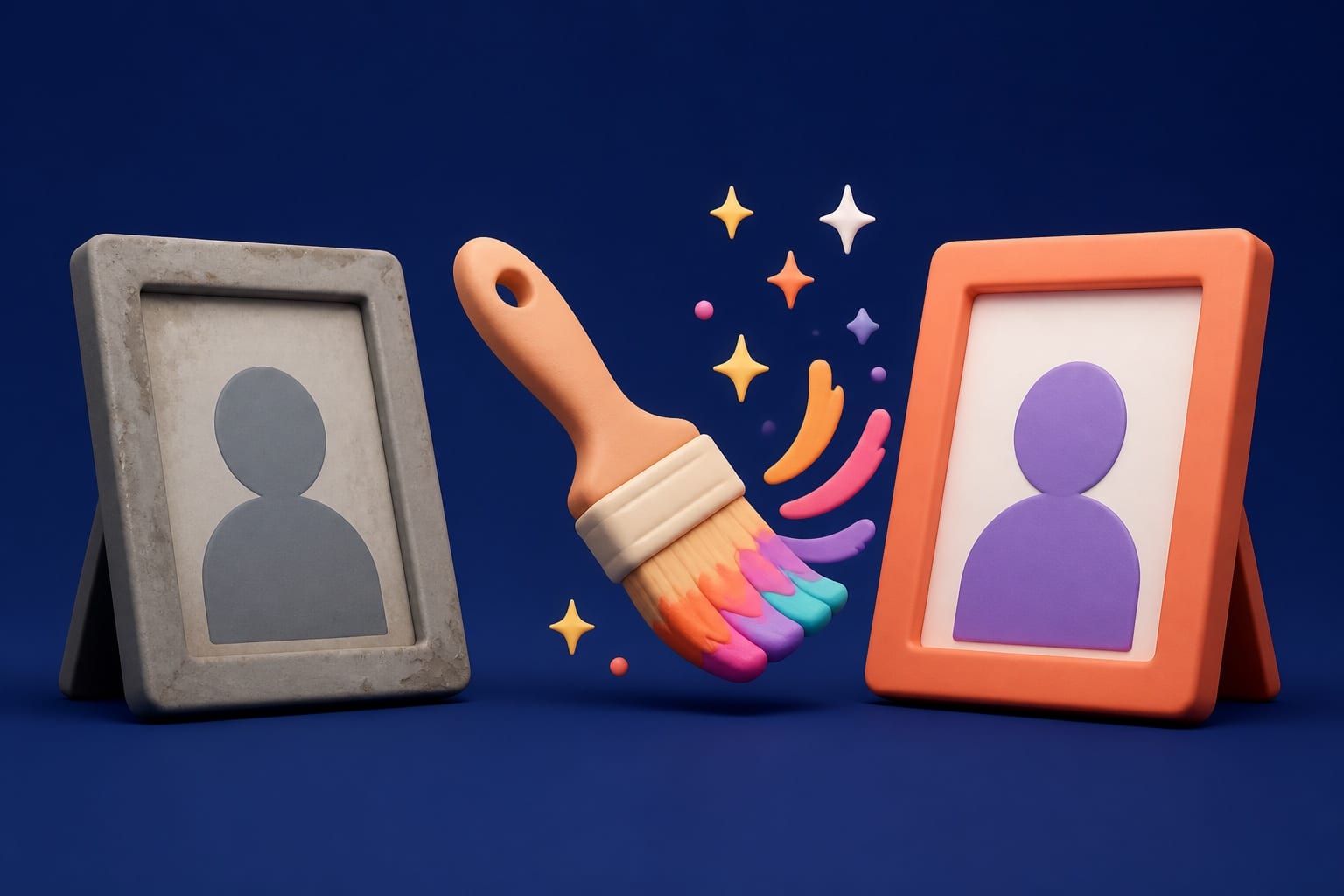 Before and after illustration: a dull grey photo frame turned into a bright colorful image by a magic paintbrush