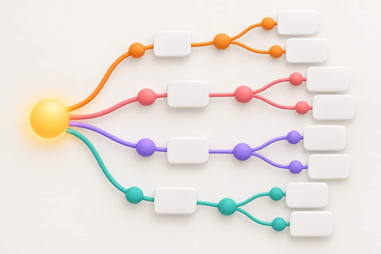 3D illustration: four paths of orange, pink, violet and turquoise nodes branch out from a single glowing point