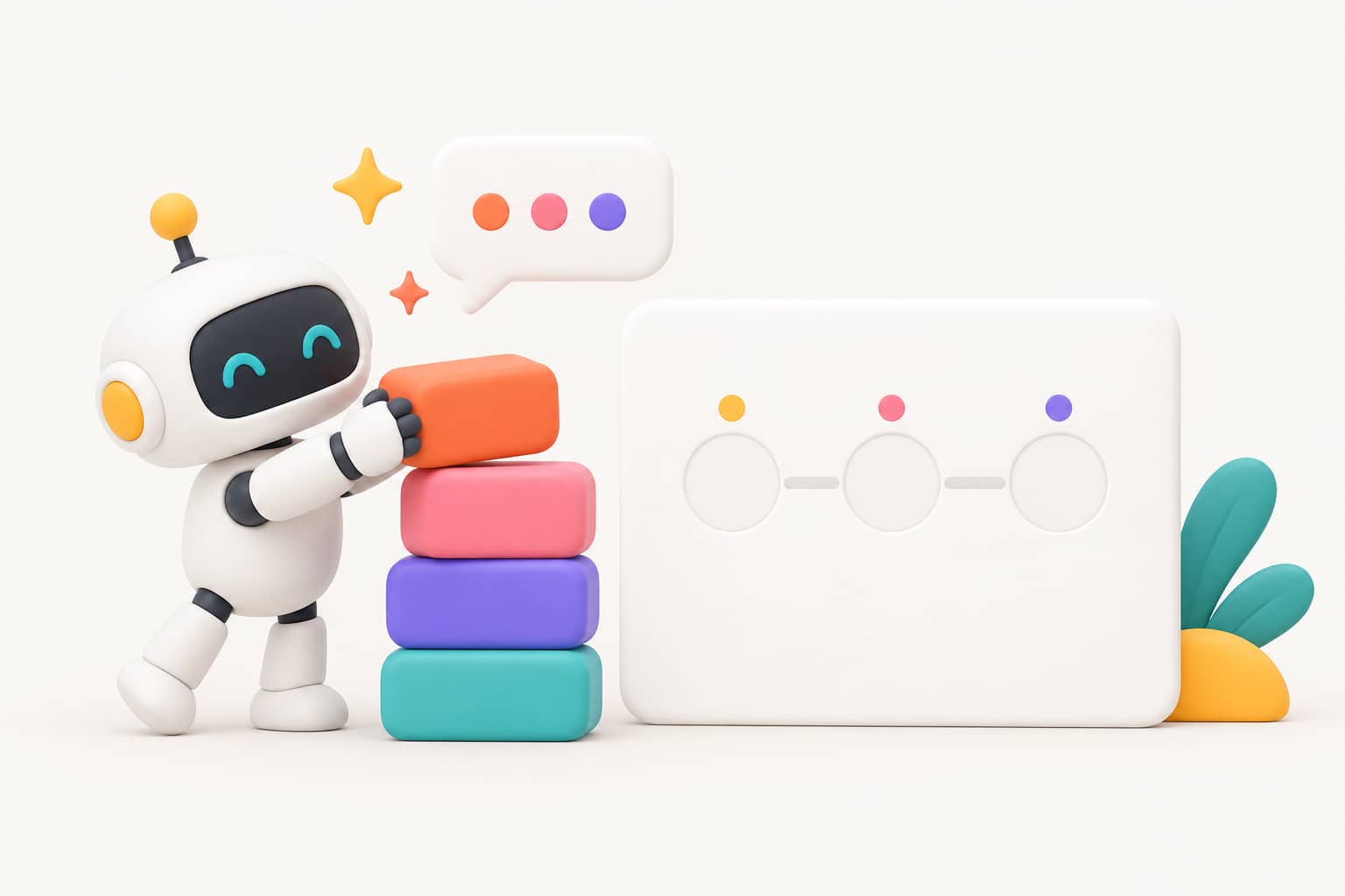 3D illustration: a robot places the final block of a colorful stack next to a card showing three steps