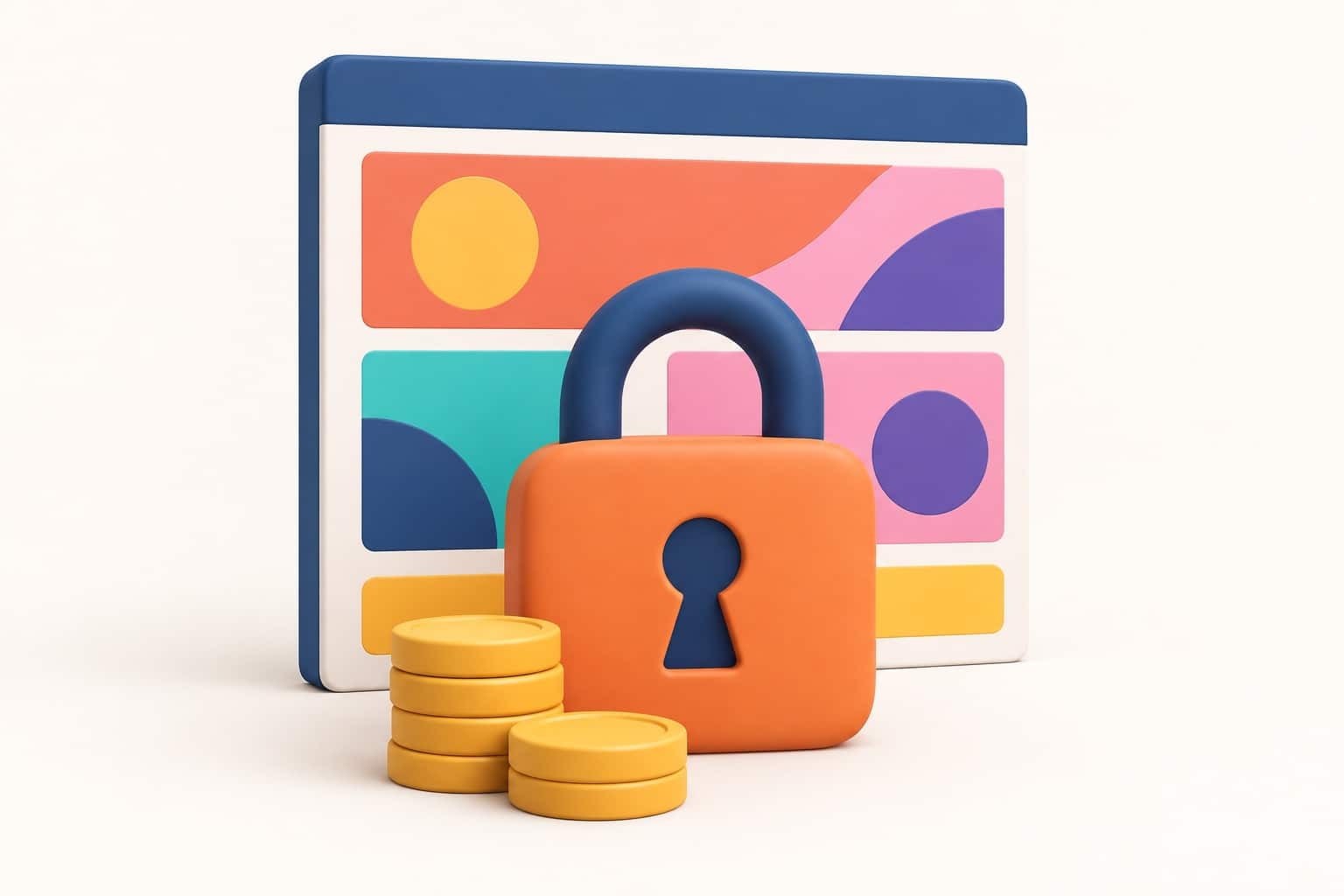 3D illustration of the publishing wall: a colorful web page behind a large padlock, with golden coins stacked in front