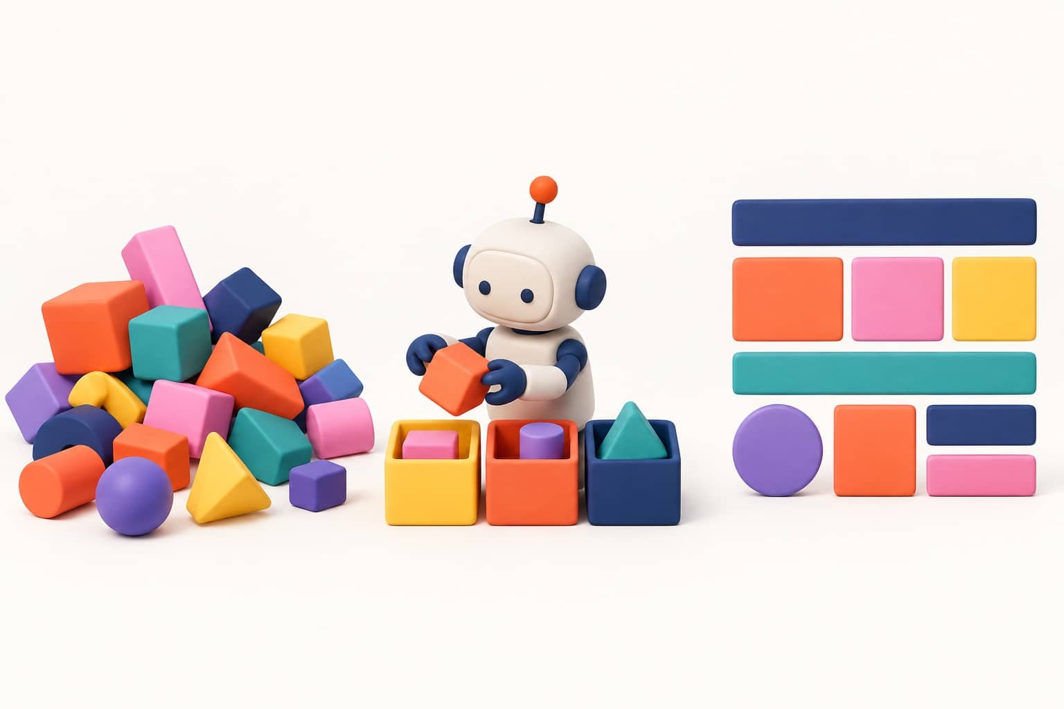 3D illustration of a creation pipeline: messy geometric blocks, sorted by a small robot, assemble into an ordered web page wireframe