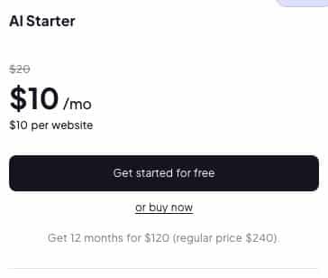 10Web pricing grid: the AI Starter plan at 10 dollars per month includes one website and 100 AI credits per month