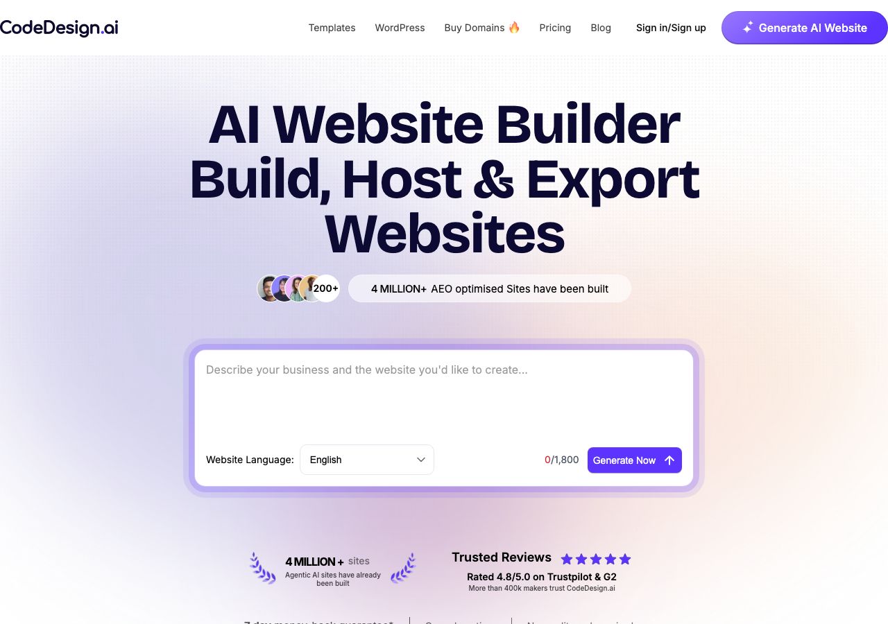 CodeDesign free offer in English: «up to three projects or websites» hosted under the editor's subdomain