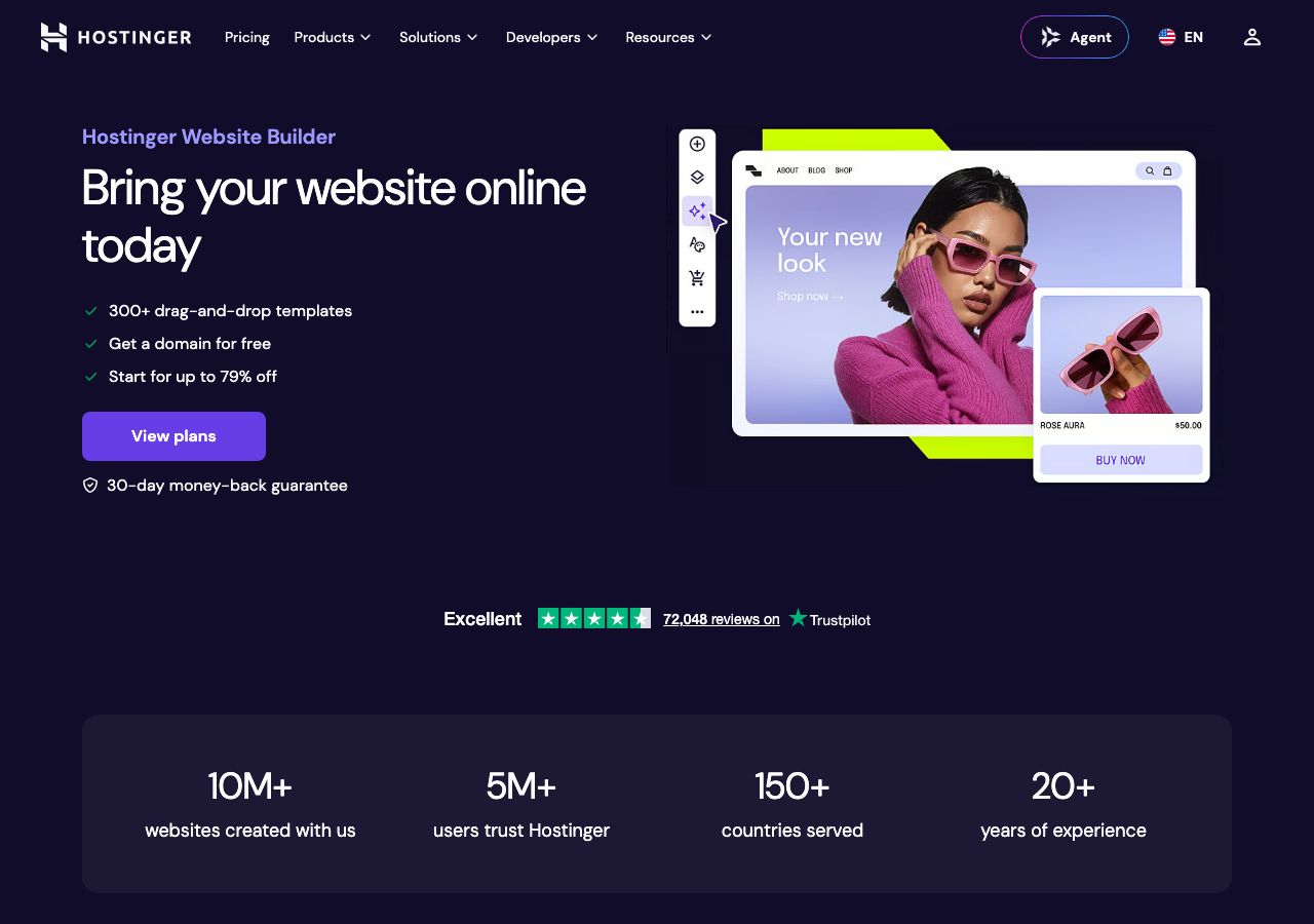 Hostinger AI website builder English page: Premium at $2.99 per month billed 48 months upfront, $143.52 total, renews at $10.99
