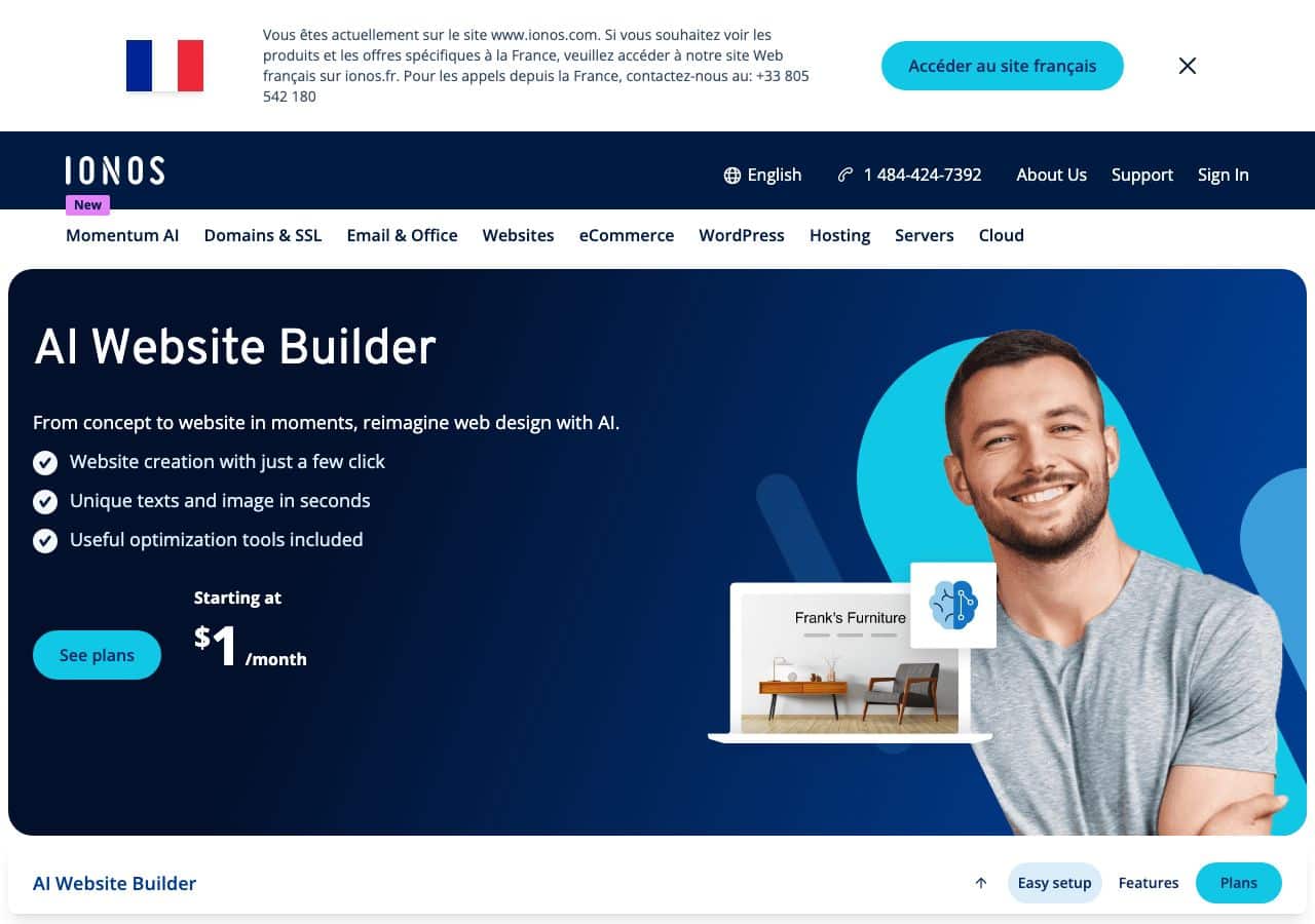 IONOS English page for the AI website builder: plans start at $1 per month, free domain for the first year, AI text and image generators from the Plus plan