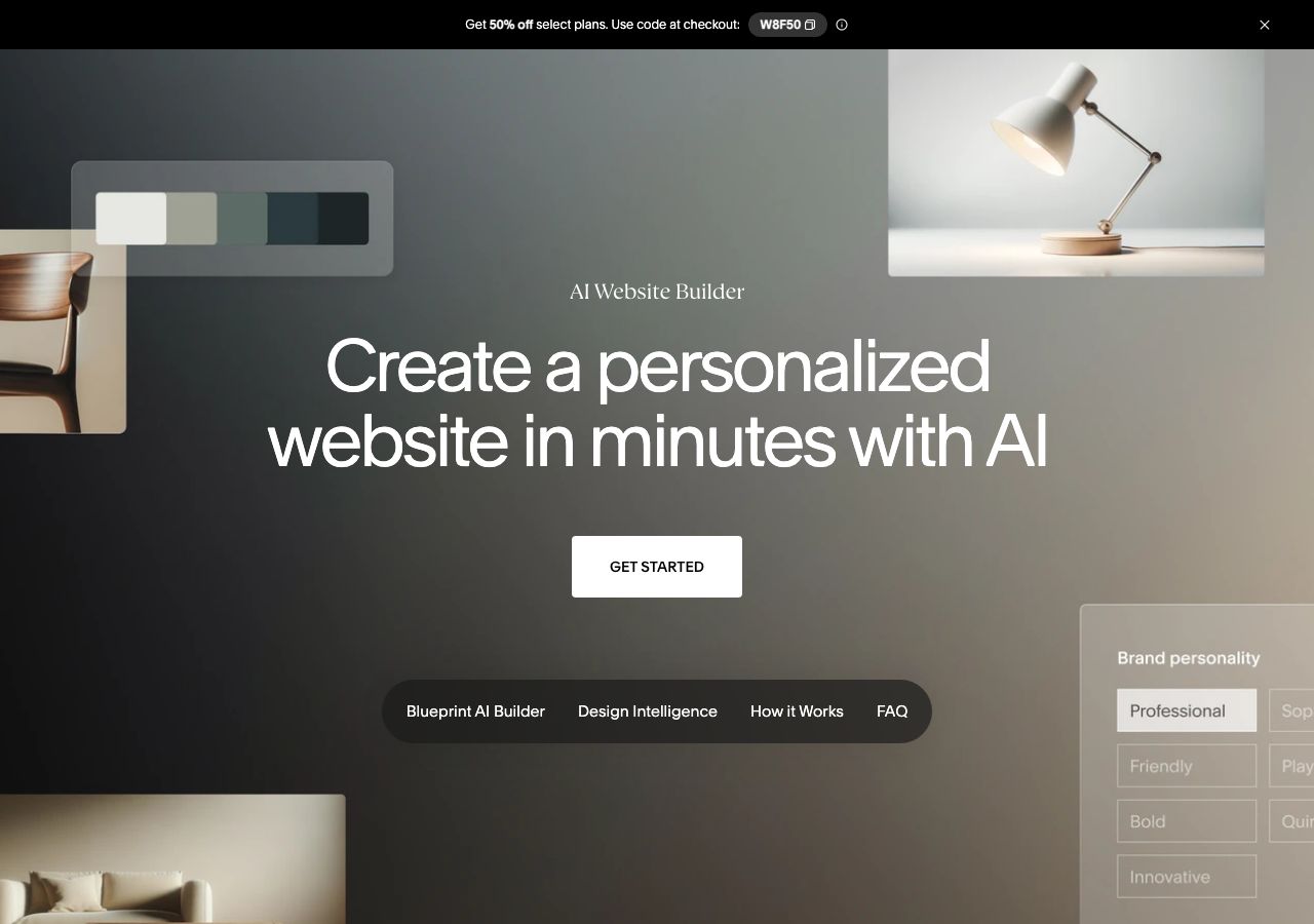 Squarespace English page: «the Blueprint AI Builder is free to use», but «you need a paid Squarespace account to publish»