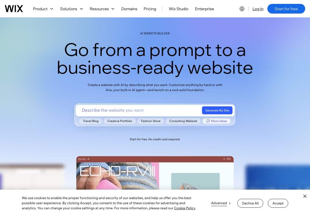 Wix AI website builder English page: «You can start building your site with AI for free», custom domains require a Premium plan