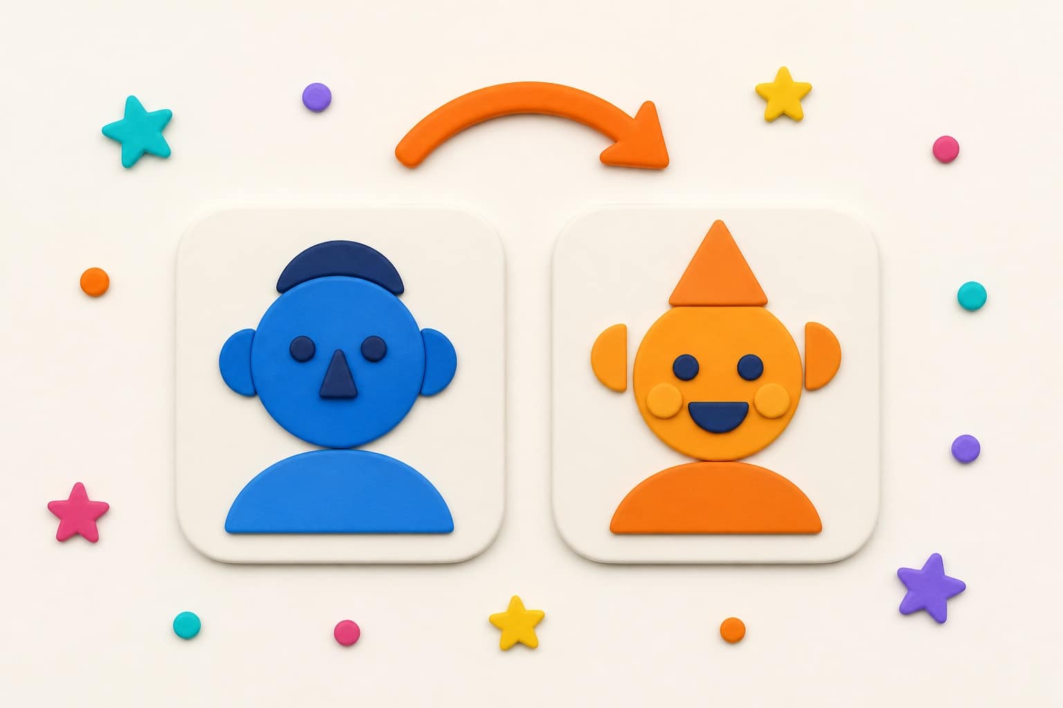 3D illustration: two avatar cards, one blue and one orange, with a swap arrow above them