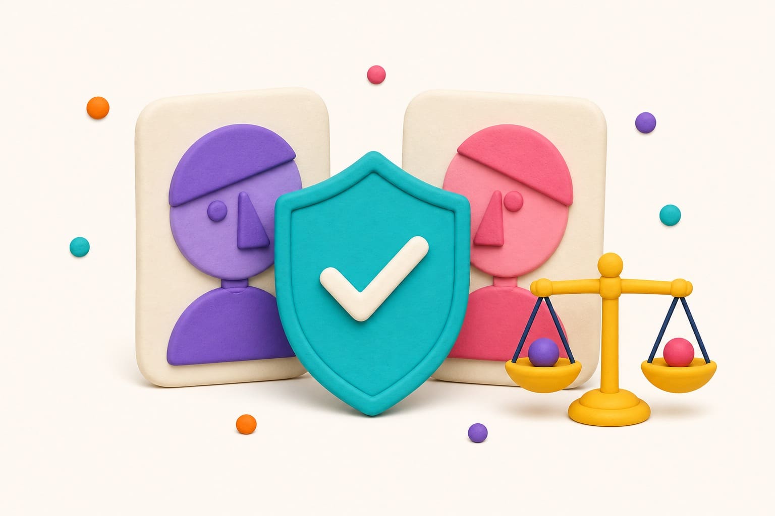 3D illustration: a teal shield with a white check mark in front of two avatar cards and a yellow scale of justice